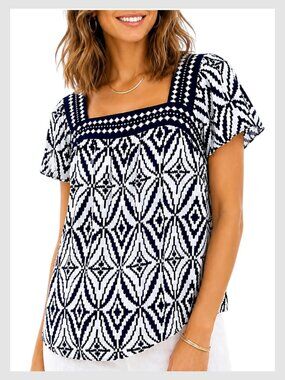 Milly Blouse Navy White Square Neck Geometric Print Size 6 M